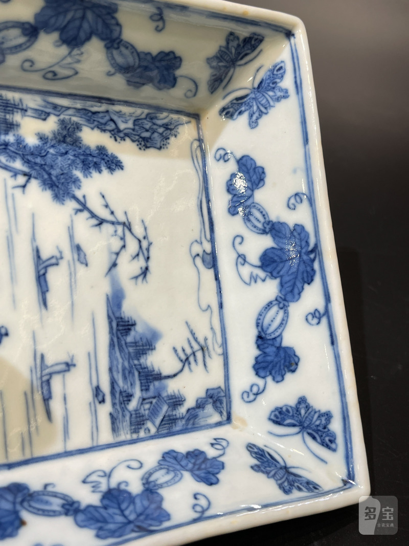 清嘉庆 青花山水人物图方盘 - 图6